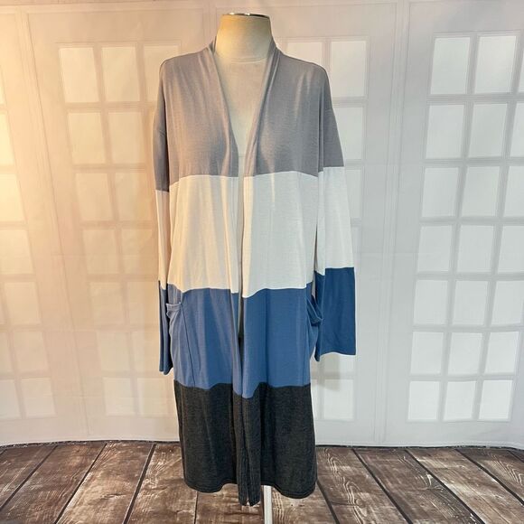Amaryllis Multicolor Striped Colorblock Long Open Front Cardigan Sweater Size 2X - Picture 1 of 11
